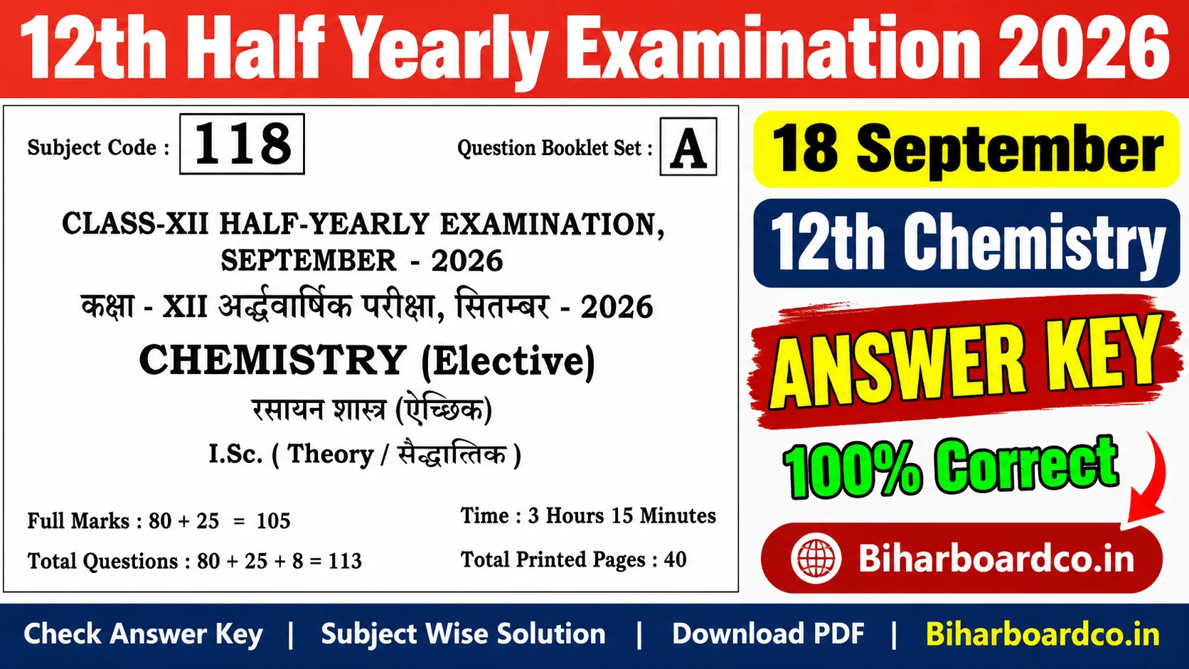 Bihar Board 12th Chemistry Half Yearly Exam Answer Key 2026