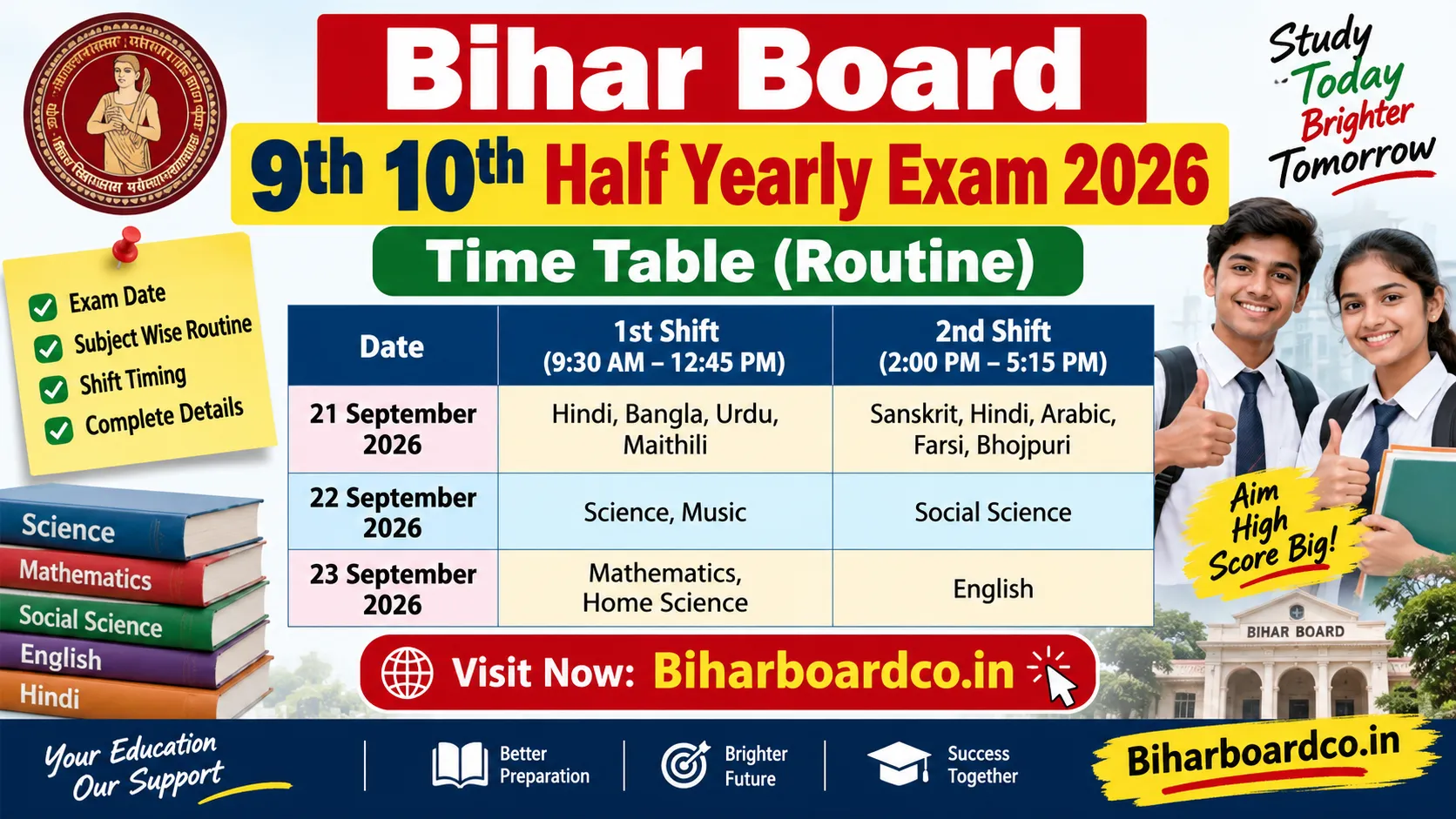 Board 9th 10th Half Yearly Exam Time Table 2026